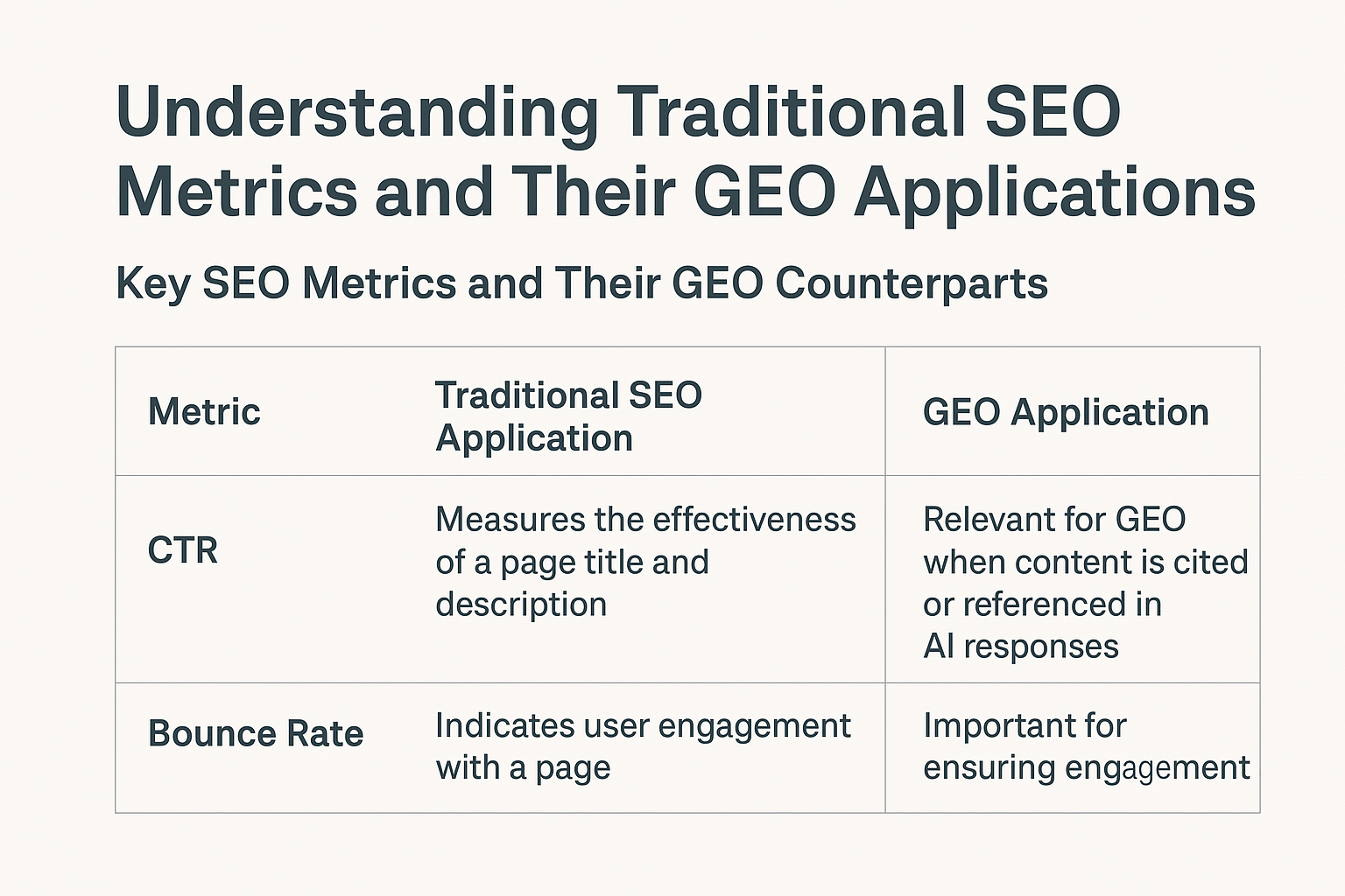 Understanding Traditional SEO Metrics and Their GEO Applications infographic
