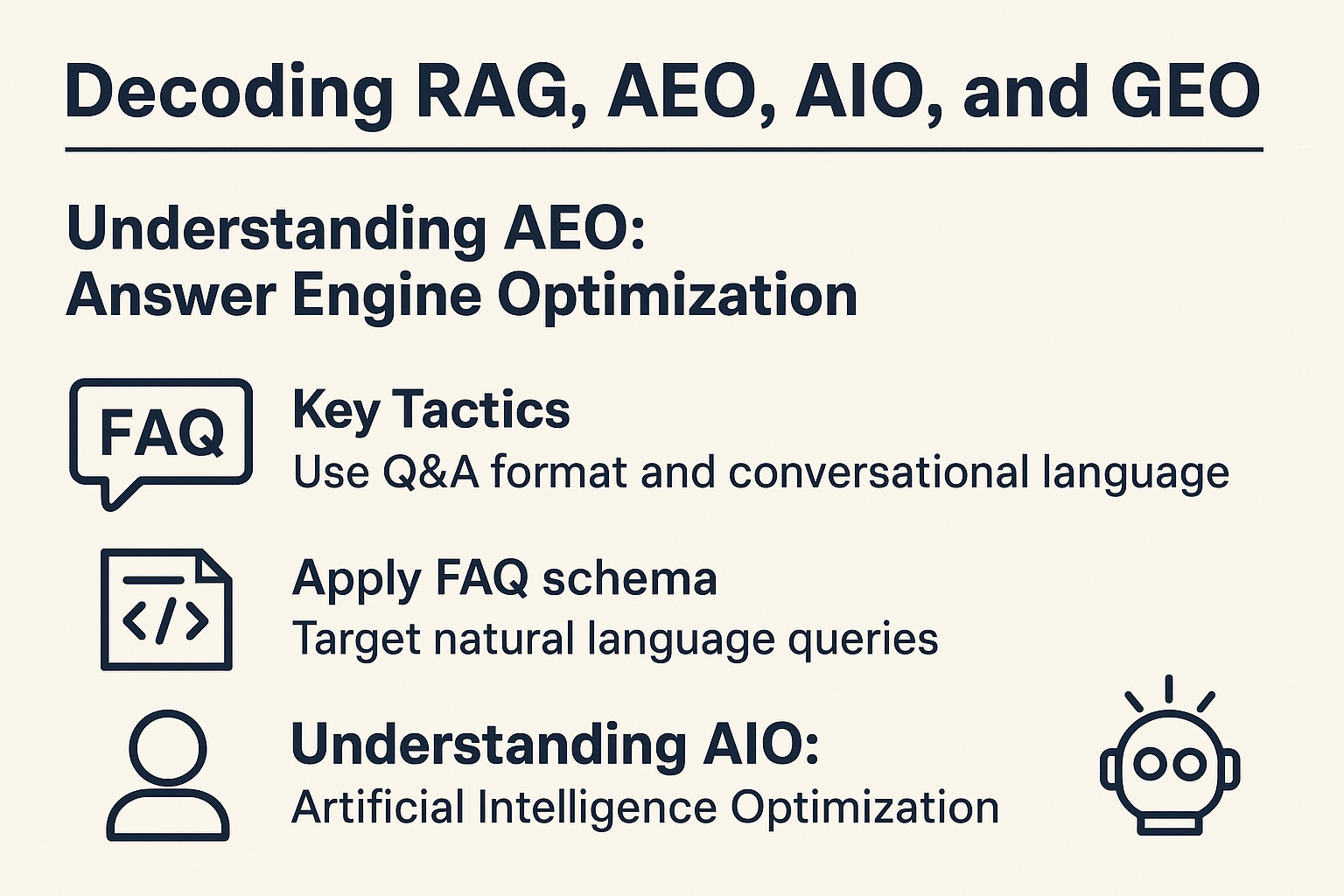 Decoding RAG, AEO, AIO, and GEO infographic